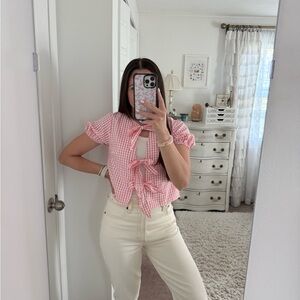 Elegant Pink Checkered Tie-Front Blouse